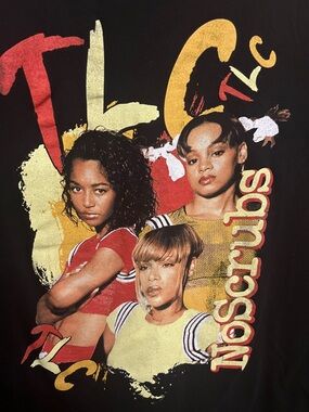 TLC Black Tee with Red & Yellow Graphic Band Print